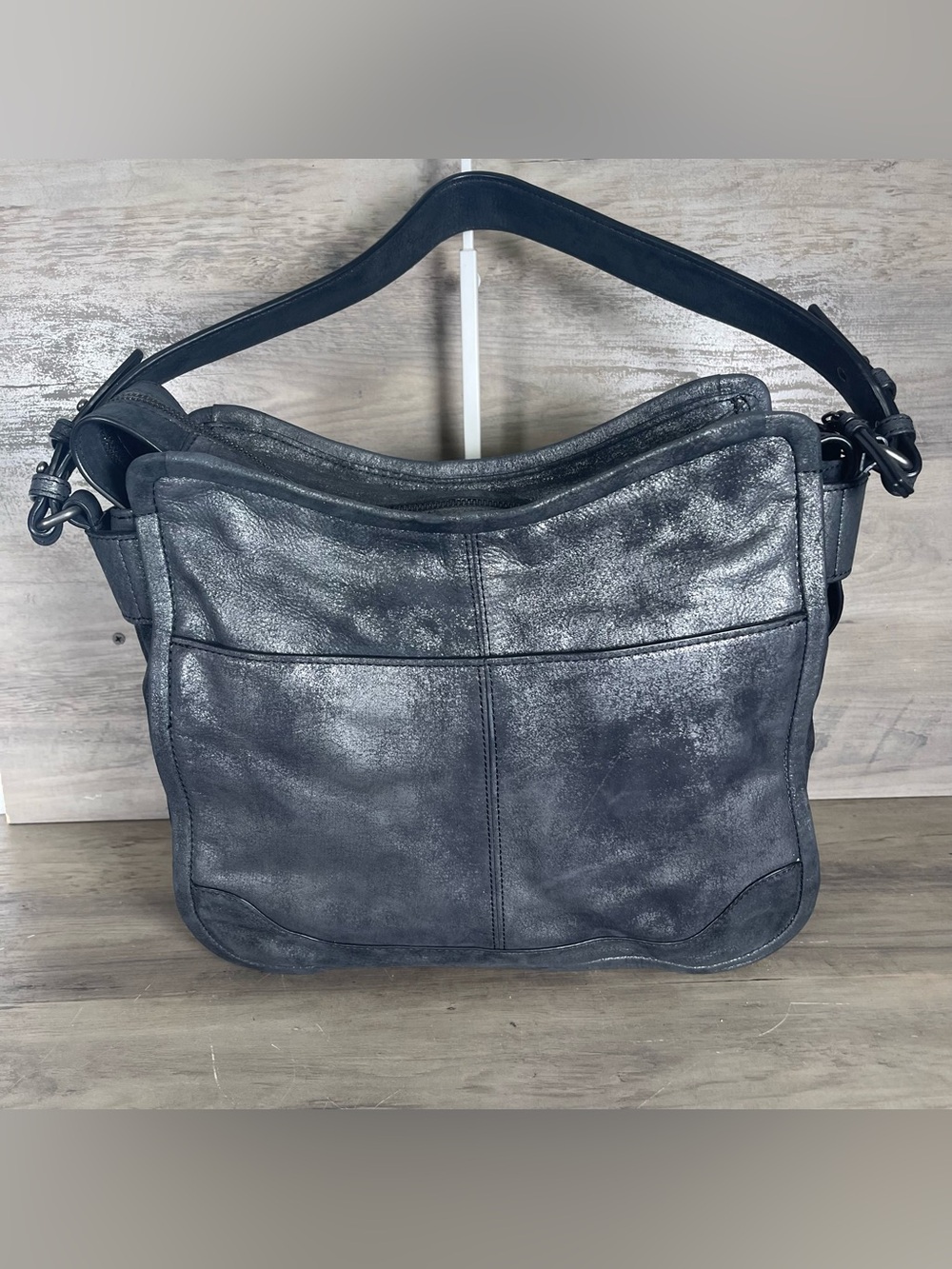 Frye Mel Metallic Leather Charcoal Gray Black Boho Bag Shoulder Purse Chic